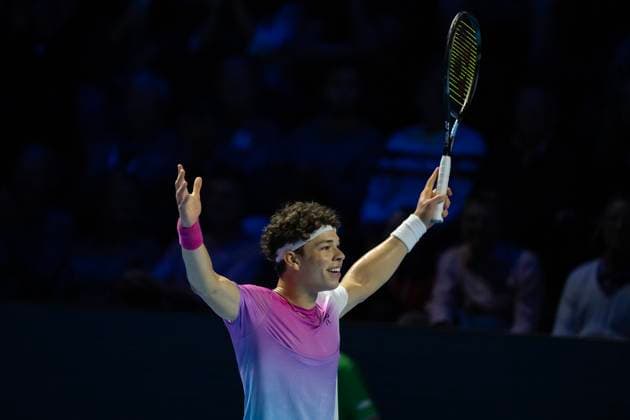 26th October 2024; St. Jakobshalle, Basel, Switzerland; ATP, Tennis Herren 500 Swiss Indoors Basel Tennis, Day 6; Ben Shelton (USA) reacts after winning the match against Arthur Fils (FRA) in the semi finals  ActionPlus12708238 DavidxEmm