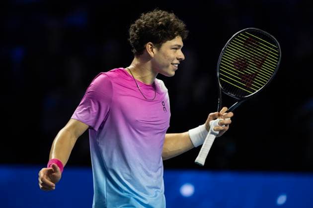 26th October 2024; St. Jakobshalle, Basel, Switzerland; ATP, Tennis Herren 500 Swiss Indoors Basel Tennis, Day 6; Ben Shelton (USA) reacts after winning the match against Arthur Fils (FRA) in the semi finals  ActionPlus12708241 DavidxEmm