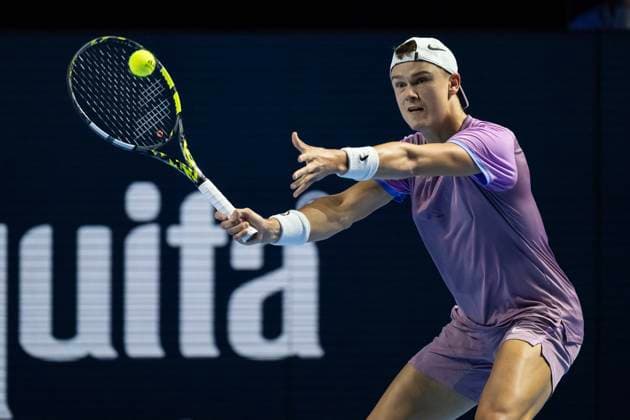 26th October 2024; St. Jakobshalle, Basel, Switzerland; ATP, Tennis Herren 500 Swiss Indoors Basel Tennis, Day 6; Holger Rune (DEN) in action against Giovanni Mpetshi Perricard (FRA) in the semi finals  ActionPlus12708532 DavidxEmm