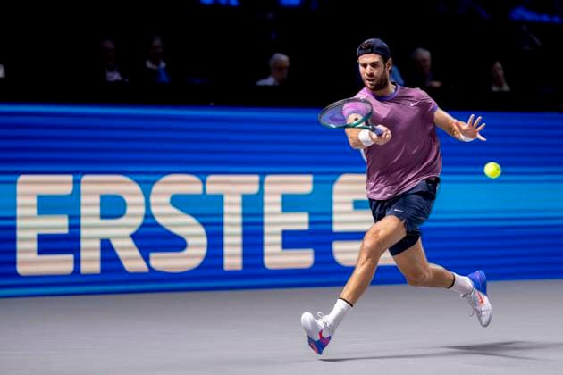 KAREN KHACHANOV (in picture, winner) in match against ALEXANDER DE MINAUR (AUS) at the ATP, Tennis Herren World Tour, Erste Bank Open at the Wiener Stadthalle. Vienna