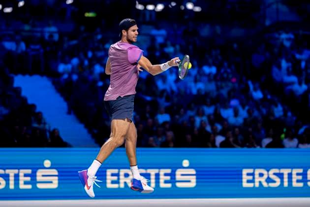 KAREN KHACHANOV (in picture, winner) in match against ALEXANDER DE MINAUR (AUS) at the ATP, Tennis Herren World Tour, Erste Bank Open at the Wiener Stadthalle. Vienna