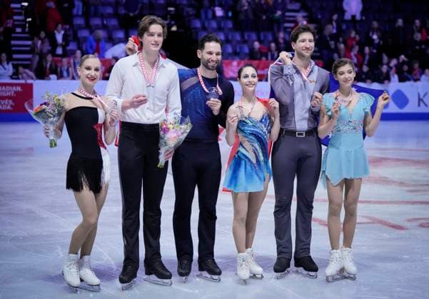 -Ekaterina Geynish and Dmitrii Chigirev of Uzbekistan, Deanna Stellato-Dudek and Maxime Deschamps of Canada and Anastasia Golubeva and Hector Giotopoulos Moore of Australia pose on the podium at the ISU Figure skating, Eiskunstlauf Skate Canada competition on October 26, 2024 in Halifax, Canada. Noxthirdxpartyxsales  (271288990)