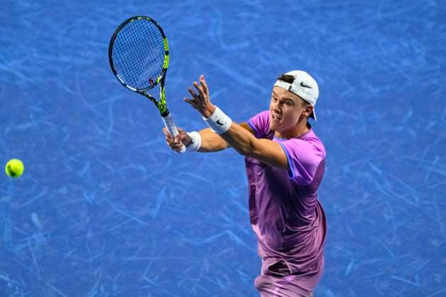 BASEL, SWITZERLAND - OCTOBER 26: Holger Rune of Norway smash the ball during his match against Giovanni Mpetshi Perricard of France during the Swiss Indoors Basel - Day 6 at St. Jakobshalle on October 26, 2024 in Basel, Switzerland. (Photo by JustPictures) Basel St. Jakobshalle Basel-Stadt Switzerland