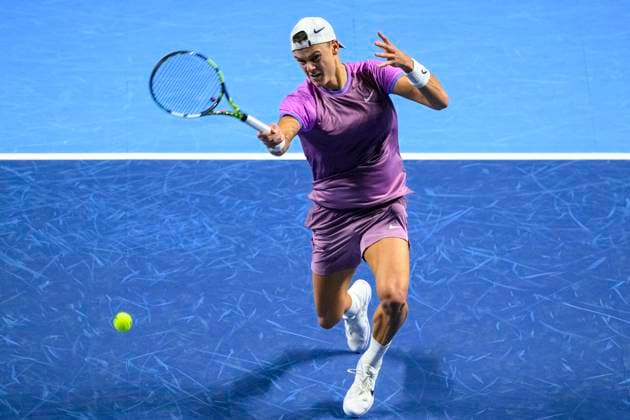 BASEL, SWITZERLAND - OCTOBER 26: Holger Rune of Norway plays a forehand against Giovanni Mpetshi Perricard of France during the Swiss Indoors Basel - Day 6 at St. Jakobshalle on October 26, 2024 in Basel, Switzerland. (Photo by JustPictures) Basel St. Jakobshalle Basel-Stadt Switzerland