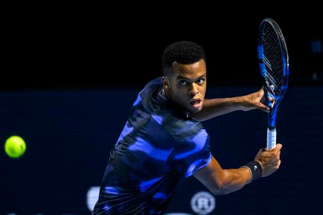 BASEL, SWITZERLAND - OCTOBER 26: Giovanni Mpetshi Perricard of France in action against Holger Rune of Norway during the Swiss Indoors Basel - Day 6 at St. Jakobshalle on October 26, 2024 in Basel, Switzerland. (Photo by JustPictures) Basel St. Jakobshalle Basel-Stadt Switzerland