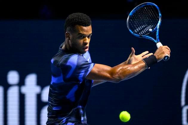 BASEL, SWITZERLAND - OCTOBER 26: Giovanni Mpetshi Perricard of France in action against Holger Rune of Norway during the Swiss Indoors Basel - Day 6 at St. Jakobshalle on October 26, 2024 in Basel, Switzerland. (Photo by JustPictures) Basel St. Jakobshalle Basel-Stadt Switzerland