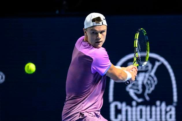 BASEL, SWITZERLAND - OCTOBER 26: Holger Rune of Norway in action against Giovanni Mpetshi Perricard of France during the Swiss Indoors Basel - Day 6 at St. Jakobshalle on October 26, 2024 in Basel, Switzerland. (Photo by JustPictures) Basel St. Jakobshalle Basel-Stadt Switzerland