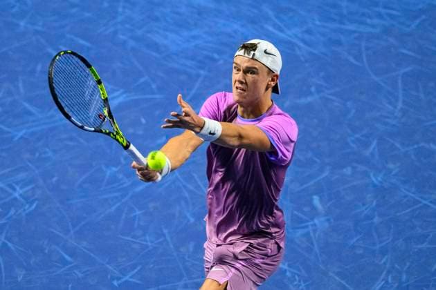 BASEL, SWITZERLAND - OCTOBER 26: Holger Rune of Norway in action against Giovanni Mpetshi Perricard of France during the Swiss Indoors Basel - Day 6 at St. Jakobshalle on October 26, 2024 in Basel, Switzerland. (Photo by JustPictures) Basel St. Jakobshalle Basel-Stadt Switzerland