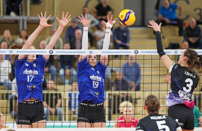 Volleyball - 1. BL Frauen - VC Wiesbaden - Schwarz-Weiß Erfurt - 26.10.24, Rachel Joy Gomez, Greta Kiss (VCW), Ana Krulj (Erfurt), -