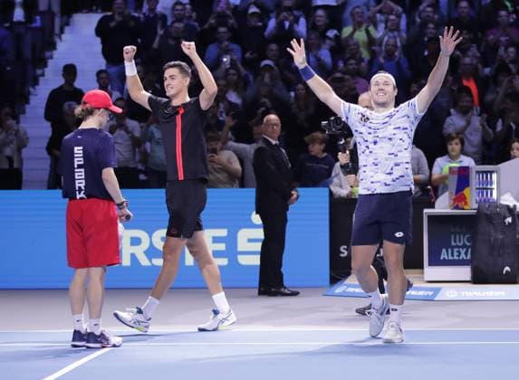 TENNIS - ATP, Tennis Herren Erste Bank Open VIENNA,AUSTRIA,27.OCT.24 - TENNIS - ATP World Tour, Erste Bank Open. Image shows the rejoicing of Alexander Erler and Lucas Miedler (AUT).  GEPAxpictures xWalterxLuger