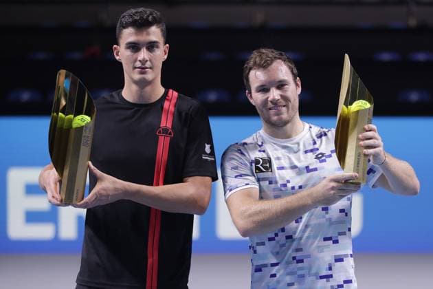TENNIS - ATP, Tennis Herren Erste Bank Open VIENNA,AUSTRIA,27.OCT.24 - TENNIS - ATP World Tour, Erste Bank Open. Image shows Alexander Erler and Lucas Miedler (AUT). Keywords: trophy.  GEPAxpictures xWalterxLuger