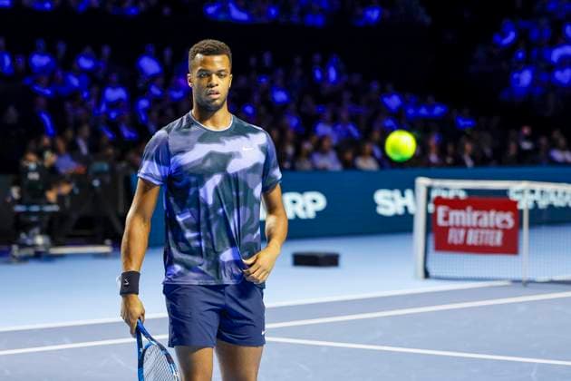 Giovanni Mpetshi Perricard (FRA) , Tennis, Swiss Indoors ATP, Tennis Herren World Tour 500), 2024, Ben Shelton (USA) vs. Giovanni Mpetshi Perricard (FRA), 27.10.2024, St. Jakobshalle, Basel, Schweiz Basel St. Jakobshalle BS Schweiz Copyright: xGrantxHubbsx