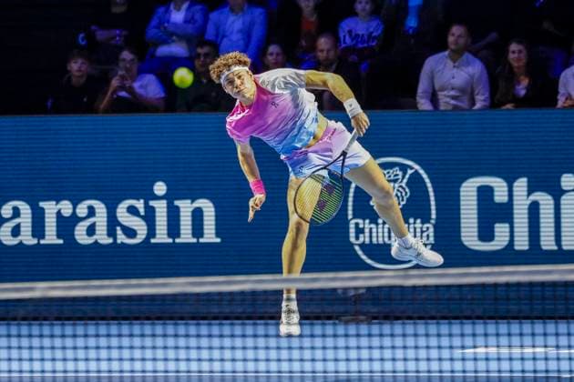 Ben Shelton (USA) , Tennis, Swiss Indoors ATP, Tennis Herren World Tour 500), 2024, Ben Shelton (USA) vs. Giovanni Mpetshi Perricard (FRA), 27.10.2024, St. Jakobshalle, Basel, Schweiz Basel St. Jakobshalle BS Schweiz Copyright: xGrantxHubbsx