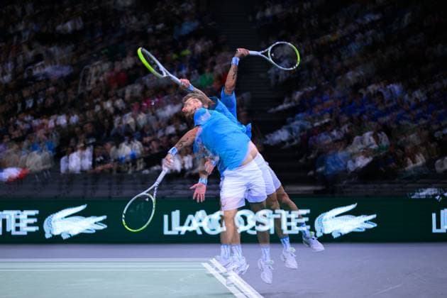 Multiple exposure photo of Corentin Moutet ( FRA ) during the Rolex Paris Masters at Accor Hotel Arena on October 27, 2024 in Paris, France. ( Photo by Federico Pestellini Panoramic ) TENNIS : Rolex Paris Masters - Paris - 27 10 2024 FedericoPestellini Panoramic 