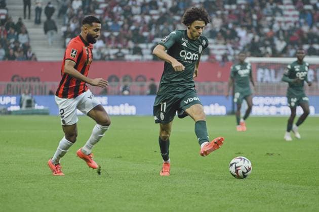Midfielder AKLIOUCHE Maghnes (AS Monaco) and Defender ABDI Ali (OGC Nice). OGC Nice vs AS Monaco, Ligue 1 Mcdonalds in Allianz Riviera Stadium, NICE, France, on 27 October, 2024. FOOTBALL : L1 J9 - OGC Nice vs AS Monaco - Ligue 1 - 27 10 24 FredDides Panoramic 