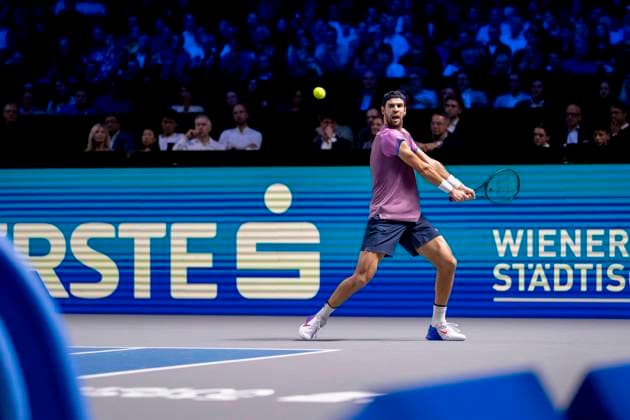 KAREN KHACHANOV (in picture) in match against JACK DRAPER (GBR) at the ATP, Tennis Herren World Tour, Erste Bank Open at the Wiener Stadthalle. Vienna