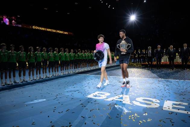 27th October 2024; St. Jakobshalle, Basel, Switzerland; ATP, Tennis Herren 500 Swiss Indoors Basel Tennis, Day 7; Giovanni Mpetshi Perricard (FRA) and Ben Shelton (USA) leave the court with their trophies after the final  ActionPlus12709408 DavidxEmm