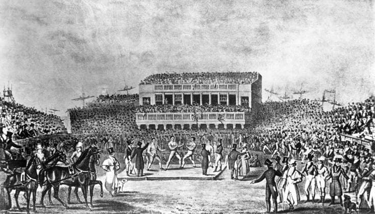 Orig. caption... A BOXING FIGHT OVER 77 ROUNDS. Der Kampf um die Meisterschaft von England zwischen dem Titelverteidiger Tom Spring und dem Meister von Irland, Jack Langan, am 7 Januar 1824 in Worcester ging über diese unwahrscheinliche Distanz. Die Gegner schlugen sich bis zur Unkenntlichkeit, und erst in der 77. Runde muste der Ire sich auszählen lassen. Die heutigen grossen Kämpfe gehen über 15 Rounden zu je 3 Minuten Anm. T Spring, 1795-1851, English Boxer, English Heavyweight Champion Grandstand Spectator Match Pictures CD594 persons: JACK LANGANTOM SPRING sites: GREAT BRITAINIRELAND* sp_sw x5600x *** Orig caption A BOXING FIGHT OVER 77 ROUNDS The fight for the championship of England between the defending champion Tom Spring  Copyright: xx BOXING IN THE 19TH CENTURY xx *** Orig caption A BOXING FIGHT OVER 77 ROUNDS The fight for the championship of England between the defending champion Tom Spring and the champion of Ireland, Jack Langan, at Worcester on January 7, 1824, was fought over this improbable distance The opponents fought each other beyond recognition, and it was not until the 77th round that the Irishman had to be counted out Todays great fights are fought over 15 rounds of 3 minutes each Note T Spring, 1795 1851, English Boxer, English Heavyweight Champion Grandstand Spectator Match Pictures CD594 persons JACK LANGANTOM SPRING sites GREAT BRITAINIRELAND sp sw x5600x Orig caption A BOXING FIGHT OVER 77 ROUNDS The fight for the championship of England between the defending champion Tom Spring  Copyright xx BOXING IN THE 19TH CENTURY xx  Copyright: xIMAGOx imago images 0769377253