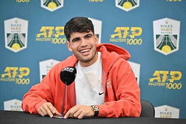 Carlos Alcaraz press conference, PK, Pressekonferenz of The Rolex Paris Masters - Paris Spanish tennis player Carlos Alcaraz at a press conference as part of the Media Day of the Rolex Paris Masters in Bercy. Paris, France on October 28, 2024. Photo by Tomas Stevens ABACAPRESS.COM Paris France  Copyright: xStevensxTomas ABACAx