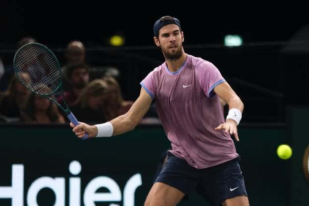 October 30, 2024, Paris, France: KAREN KHACHANOV (RUS) returns the ball to GIOVANI PERRICARD (FRA) during the day three of Rolex Paris Masters 1000 tournament at Paris Accor Arena Stadium in Paris France Paris France - ZUMAp119 20241030_zaf_p119_064 Copyright: xPierrexSteveninx