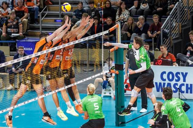 30.10.24, Berlin, Volleyball: 1.Bundesliga, Maenner, 6. Spieltag, BR Volleys - VC Bitterfeld-Wolfen, Max-Schmeling-Halle. Edin Ibrahimovic von VC Bitterfeld-Wolfen spielt den Ball über das Netz. BR Volleys - VC Bitterfeld-Wolfen