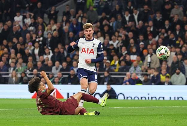 Sport Themen der Woche KW44 Sport Bilder des Tages Timo Werner of Tottenham Hotspur scores the opening goal Tottenham Hotspur v Manchester City, EFL Carabao Cup, Fourth Round, Football, Tottenham Hotspur Stadium, London, UK - 30 Oct 2024 EDITORIAL USE ONLY No use with unauthorised audio, video, data, fixture lists, club league logos or live services. Online in-match use limited to 120 images, no video emulation. No use in betting, games or single club league player publications.  Copyright: xMichaelxZemanek Shutterstockx 14838275z