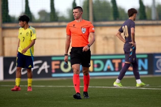 TA™ QALI, MALTA - OCTOBER 30: UEFA appointed match referee Florian Lata during the UEFA European Under-17 Championship 2025 Group 1 qualifying soccer match between Sweden and England at the Centenary Stadium, Ta™ Qali, Malta on October 30, 2024. Sweden v England Under-17 Championship UEFA Qualifying 2025 UEFA_U17_QLFY_25