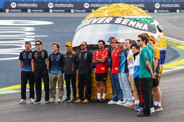 inauguration of a giant replica of Ayrton Senna helmet with Sebastian Vettel and most of the F1 Drivers during the Formula 1 Grande Premio de Sao Paulo 2024, 21th round of the 2024 Formula One World Championship, WM, Weltmeisterschaft from November 1 to 3, 2024 on the Interlagos Circuit, in Sao Paulo, Brazil - F1 - SAO PAULO GRAND PRIX 2024 DPPI Panoramic  241031_R21_BRASILE_DP_AV3_5536