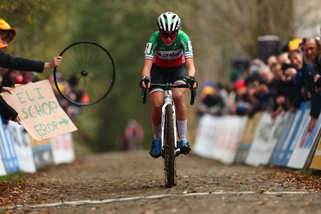 Third Italian Sara Casasola crosses the finish line of the women elite race of the Koppenbergcross, the first race (out of eight) of the X2O Badkamers trophy cyclocross competition, in Melden, Oudenaarde, on Friday 01 November 2024. DAVIDxPINTENS  x104269628x