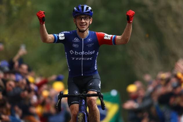 Dutch Lars Van Der Haar pictured at the finish line of the men elite race of the Koppenbergcross, the first race (out of eight) of the X2O Badkamers trophy cyclocross competition, in Melden, Oudenaarde, on . DAVIDxPINTENS  x104276261x