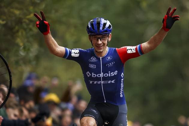 Dutch Lars Van Der Haar celebrates as he crosses the finish line to win the men elite race of the Koppenbergcross, the first race (out of eight) of the X2O Badkamers trophy cyclocross competition, in Melden, Oudenaarde, on Friday 01 November 2024. DAVIDxPINTENS  x104277370x