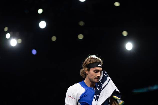(241102) -- PARIS, Nov. 2, 2024 -- Stefanos Tsitsipas of Greece reacts while competing against Alexander Zverev of Germany during the singles quarter-final match at Paris ATP, Tennis Herren Masters 1000 tennis tournament in Paris, France, Nov. 1, 2024. (Photo by Xinhua) (SP)FRANCE-PARIS-TENNIS-ATP-MASTERS NehaxGaneriwal 