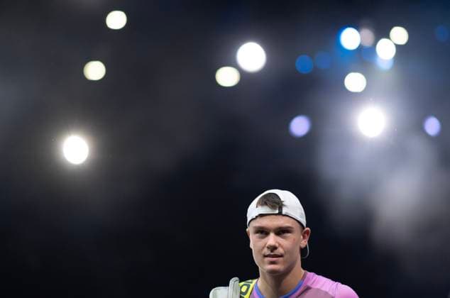 (241102) -- PARIS, Nov. 2, 2024 -- Holger Rune of Denmark reacts during the singles quarter-final match between Holger Rune of Denmark and Alex De Minaur of Australia at Paris ATP, Tennis Herren Masters 1000 tennis tournament in Paris, France, Nov. 1, 2024. (Photo by Xinhua) (SP)FRANCE-PARIS-TENNIS-ATP-MASTERS NehaxGaneriwal 
