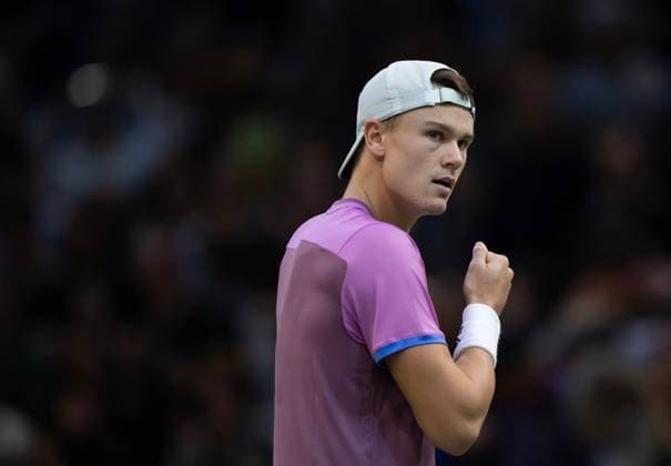 (241102) -- PARIS, Nov. 2, 2024 -- Holger Rune of Denmark reacts during the singles quarter-final match between Holger Rune of Denmark and Alex De Minaur of Australia at Paris ATP, Tennis Herren Masters 1000 tennis tournament in Paris, France, Nov. 1, 2024. (Photo by Xinhua) (SP)FRANCE-PARIS-TENNIS-ATP-MASTERS NehaxGaneriwal 