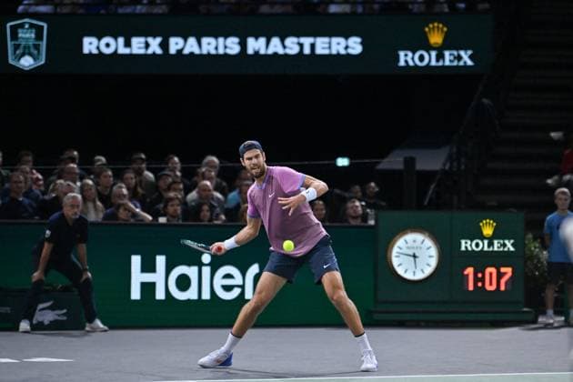 Rolex Paris Masters - Semi Finals Russian tennis player, Karen Khachanov, against Ugo Hubert during the semi finals of the Rolex Paris Masters 2024. Photo by Tomas Stevens ABACAPRESS.COM Paris France  Copyright: xStevensxTomas ABACAx