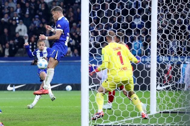 02.11.2024, xtgx, Fussball 2.Bundesliga, Hertha BSC Berlin - 1.FC Köln emspor, v.l. Florian Niederlechner (Hertha BSC Berlin) verhindert das Tor von Derry Scherhant (Hertha BSC Berlin) Marvin Schwäbe (1.FC Köln, Koeln) (DFL DFB REGULATIONS PROHIBIT ANY USE OF PHOTOGRAPHS as IMAGE SEQUENCES and or QUASI-VIDEO) Berlin