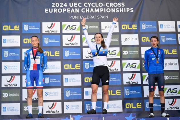 2024 UEC Cyclo-Cross EC - Women Juniors PONTEVEDRA, SPAIN - NOVEMBER 03 : Bukovska Barbora (CZE), Grossmann Anja (SUI) and Pellizotti Giorgia (ITA) pictured during the podium ceremony of the 2024 UEC Cyclo-Cross European Championships for Women Juniors on November 03, 2024 in Pontevedra, Spain, 03 11 2024 Pontevedra Spain  Copyright: xNicoxVereeckenx