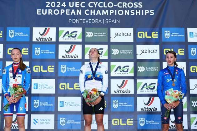 Czech Barbora Bukovska, Swiss Anja Grossmann and Italian Giorgia Pellizotti pictured on the podium of the Junior Women race at the European Championships cyclocross cycling in Pontevedra, Spain, Sunday 03 November 2024. DAVIDxPINTENS  x104416742x