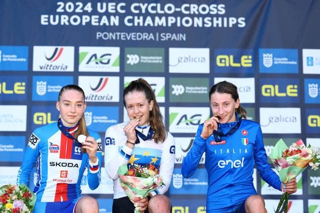 Czech Barbora Bukovska, Swiss Anja Grossmann and Italian Giorgia Pellizotti pictured on the podium of the Junior Women race at the European Championships cyclocross cycling in Pontevedra, Spain, Sunday 03 November 2024. DAVIDxPINTENS  x104416766x