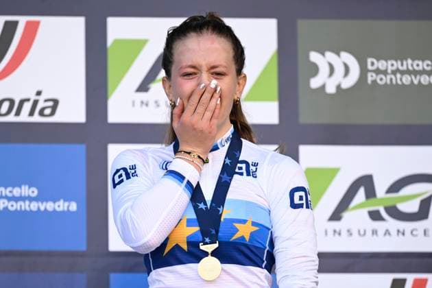 2024 UEC Cyclo-Cross EC - Women Juniors PONTEVEDRA, SPAIN - NOVEMBER 03 : Grossmann Anja (SUI) winning the gold medal pictured during the podium ceremony of the 2024 UEC Cyclo-Cross European Championships for Women Juniors on November 03, 2024 in Pontevedra, Spain, 03 11 2024 Pontevedra Spain  Copyright: xNicoxVereeckenx