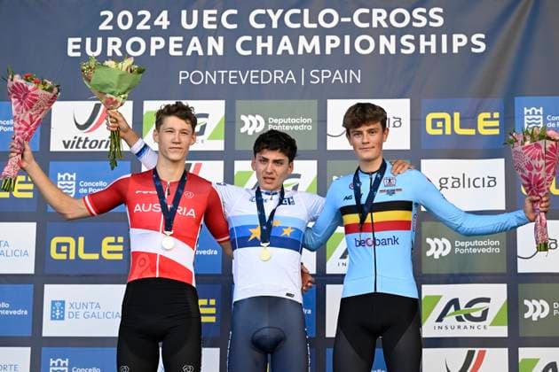 2024 UEC Cyclo-Cross EC - Men Juniors PONTEVEDRA, SPAIN - NOVEMBER 03 : Hofer Valentin (AUT) winning the silver medal, Agostinacchio Mattia (ITA) winning the gold medal and Vanden Eynde Mats (BEL) winning the bronze medal pictured during the podium ceremony of the 2024 UEC Cyclo-Cross European Championships for Men Juniors on November 03, 2024 in Pontevedra, Spain, 03 11 2024 Pontevedra Spain  Copyright: xNicoxVereeckenx