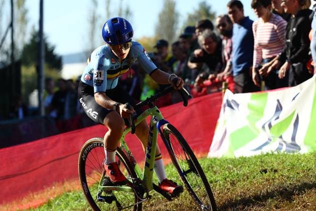 Belgian Fleur Moors pictured in action during the U23 Women race at the European Championships cyclocross cycling in Pontevedra, Spain, Sunday 03 November 2024. DAVIDxPINTENS  x104422589x