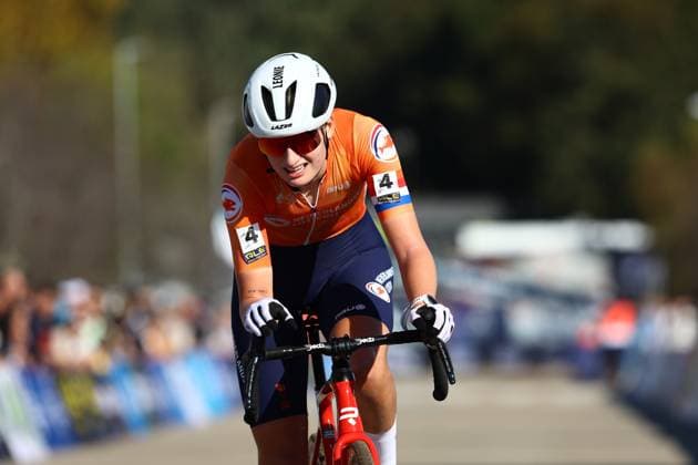 Dutch Leonie Bentveld crosses the finish line at the U23 Women race at the European Championships cyclocross cycling in Pontevedra, Spain, Sunday 03 November 2024. DAVIDxPINTENS  x104424122x