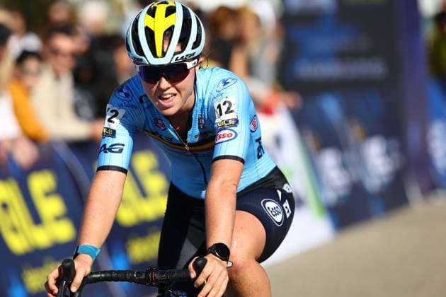 Belgian Nette Coppens crosses the finish line at the U23 Women race at the European Championships cyclocross cycling in Pontevedra, Spain, Sunday 03 November 2024. DAVIDxPINTENS  x104424266x