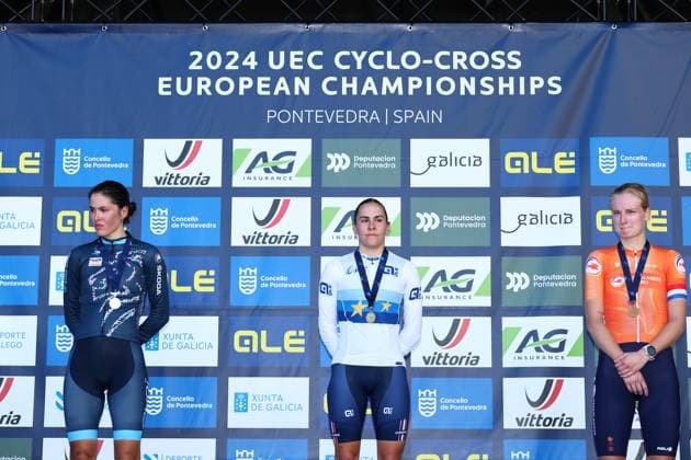 Luxembourgian Marie Schreiber , French Celia Gery and Dutch Leonie Bentveld pictured on the podium after the U23 Women race at the European Championships cyclocross cycling in Pontevedra, Spain, Sunday 03 November 2024. DAVIDxPINTENS  x104424668x