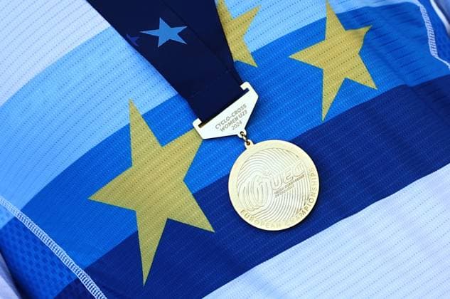 The gold medal of French Celia Gery pictured after the U23 Women race at the European Championships cyclocross cycling in Pontevedra, Spain, Sunday 03 November 2024. DAVIDxPINTENS  x104424702x
