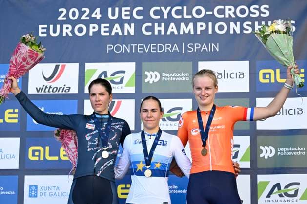 2024 UEC Cyclo-Cross EC - Women U23 PONTEVEDRA, SPAIN - NOVEMBER 03 : Schreiber Marie (LUX) winning the silver medal, Gery Celia (FRA) winning the gold medal and Bentveld Leonie (NED) winning the bronze medal pictured during the podium ceremony of the 2024 UEC Cyclo-Cross European Championships for Women U23 on November 03, 2024 in Pontevedra, Spain, 03 11 2024 Pontevedra Spain  Copyright: xNicoxVereeckenx