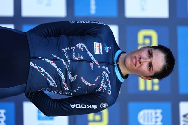 Luxembourgian Marie Schreiber pictured on the podium after the U23 Women race at the European Championships cyclocross cycling in Pontevedra, Spain, Sunday 03 November 2024. DAVIDxPINTENS  x104424821x