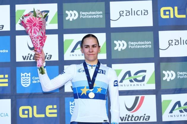 French Celia Gery celebrates on the podium after winning the U23 Women race at the European Championships cyclocross cycling in Pontevedra, Spain, Sunday 03 November 2024. DAVIDxPINTENS  x104424822x