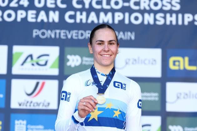French Celia Gery celebrates on the podium after winning the U23 Women race at the European Championships cyclocross cycling in Pontevedra, Spain, Sunday 03 November 2024. DAVIDxPINTENS  x104425677x